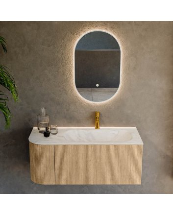 Mondiaz Kurve-Dlux 105cm badmeubel ronding Links kleur Oak met 1 lade en 1 deur. Wastafel Big small Rechts 1 kraangat Ostra.
