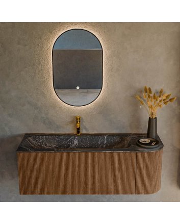 Mondiaz Kurve-Dlux 125cm badmeubel ronding Rechts kleur Walnut met 1 lade en 1 deur. Wastafel Big medium Links 1 kraangat Lava.