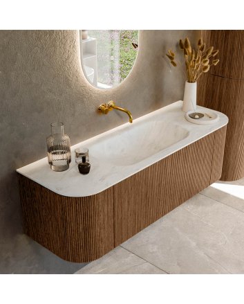 Mondiaz Kurve-Dlux 140cm badmeubel ronding Links + Rechts kleur Walnut met 1 lade en 2 deuren. Wastafel Big small Midden zonder kraangat Opalo.