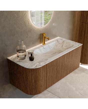 Mondiaz Kurve-Dlux 105cm badmeubel ronding Links kleur Walnut met 1 lade en 1 deur. Wastafel Big small Rechts 1 kraangat Glace.