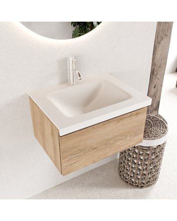 Mondiaz Bukla 60cm badmeubel modulair kleur Washed Oak met 1 lade. Wastafel Cloud midden 1 kraangat kleur Talc.