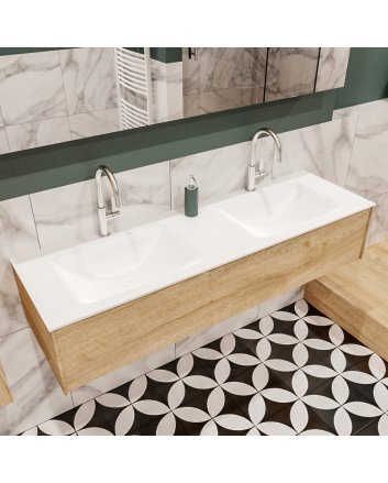 Mondiaz Lush 150 badmeubel washed oak 1 lade wastafel dubbel 2 kraangaten