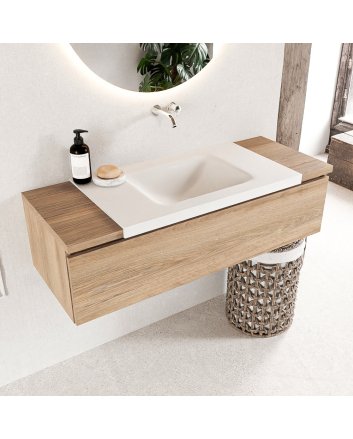 Mondiaz Bukla 120cm badmeubel onderkast kleur Washed Oak met 1 lade. Wastafel Cloud midden 0 kraangaten kleur Talc.