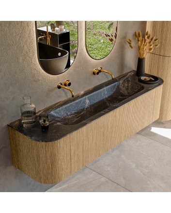 Mondiaz Kurve-Dlux 170cm badmeubel ronding Links + Rechts kleur Oak met 1 lade en 2 deuren. Wastafel Big large Midden zonder kraangat Lava.