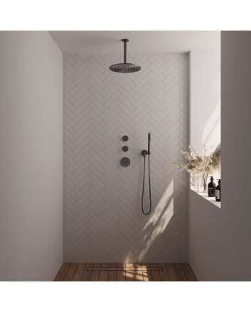 BRAUER Gunmetal Edition thermostatische inbouw regendouche SET 06 met 30 cm douchekop en plafondarm en staaf handdouche en doucheslang en wandaansluitbocht gunmetal geborsteld PVD