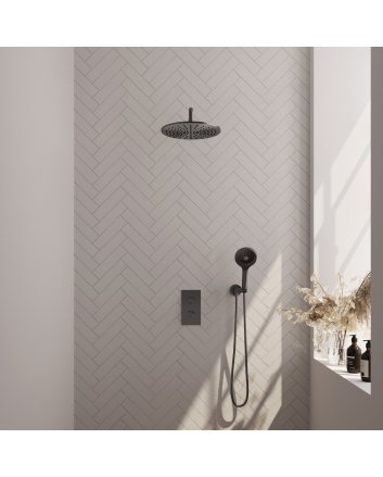 BRAUER Gunmetal Edition thermostatische inbouw regendouche 3-weg omstelling SET 34 met 30 cm douchekop en gebogen muurarm en 3-standen handdouche en doucheslang en wandaansluitbocht gunmetal geborsteld PVD