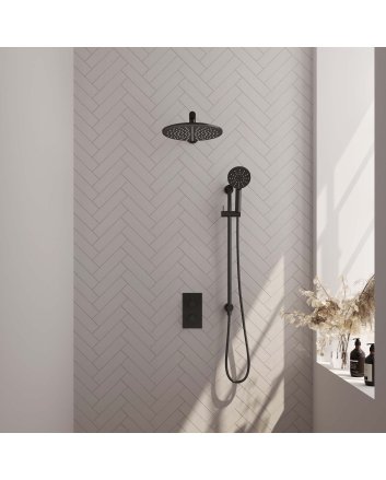 BRAUER Black Edition thermostatische inbouw regendouche 3-weg omstelling SET 44 met 30 cm douchekop en rechte muurarm en 3-standen handdouche en doucheslang en geïntegreerde glijstang mat zwart