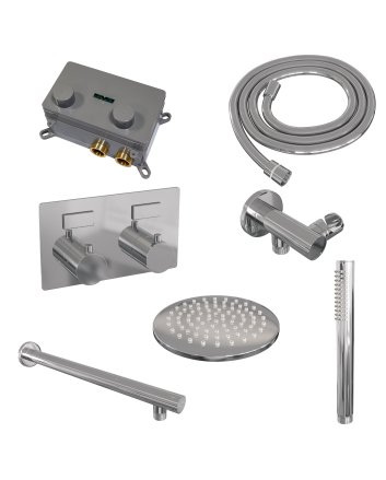 BRAUER Chrome Edition thermostatische inbouw regendouche met drukknoppen SET 49 met 20 cm douchekop en rechte muurarm en staaf handdouche en doucheslang en wandaansluitbocht chroom
