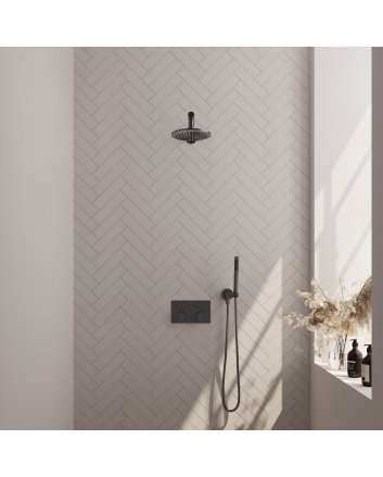 BRAUER Gunmetal Carving thermostatische inbouw regendouche met drukknoppen SET 49 met 20 cm douchekop en rechte muurarm en staaf handdouche en doucheslang en wandaansluitbocht gunmetal geborsteld PVD