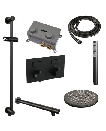 BRAUER Black Edition thermostatische inbouw regendouche met drukknoppen SET 61 met 20 cm douchekop en rechte muurarm en staaf handdouche en doucheslang en geïntegreerde glijstang mat zwart
