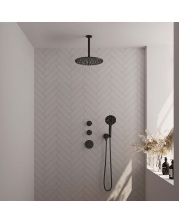 BRAUER Black Edition thermostatische inbouw regendouche SET 12 met 30 cm douchekop en plafondarm en 3-standen handdouche en doucheslang en wandaansluitbocht mat zwart