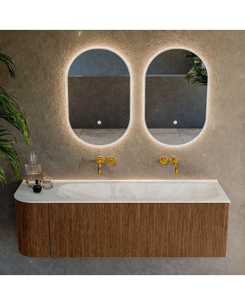 Mondiaz Kurve-Dlux 145cm badmeubel ronding Links kleur Walnut met 1 lade en 1 deur. Wastafel Big large Rechts zonder kraangat Opalo.
