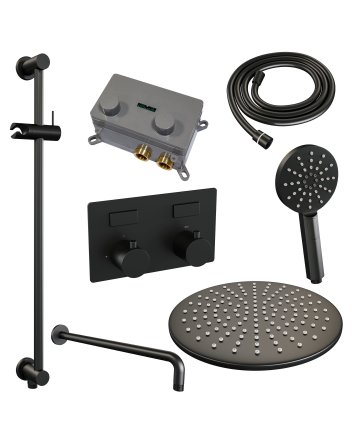 BRAUER Black Edition thermostatische inbouw regendouche met drukknoppen SET 70 met 30 cm douchekop en gebogen muurarm en 3-standen handdouche en doucheslang en geïntegreerde glijstang mat zwart