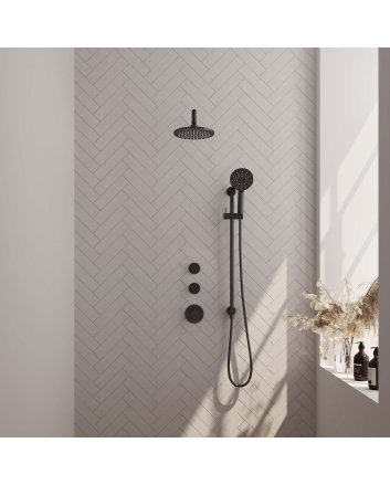 BRAUER Black Edition thermostatische inbouw regendouche SET 21 met 20 cm douchekop en gebogen muurarm en 3-standen handdouche en doucheslang en geïntegreerde glijstang mat zwart