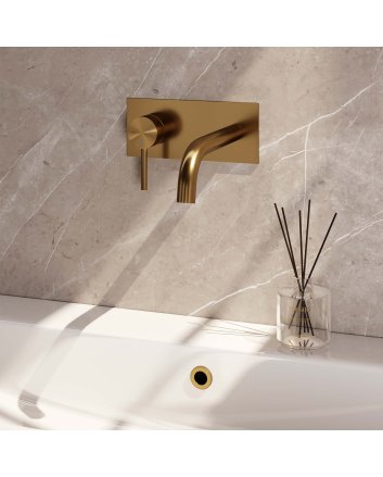 BRAUER Gold Edition inbouw wastafelmengkraan met gebogen uitloop en afdekplaat model A2 goud geborsteld PVD
