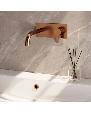 BRAUER Copper Edition inbouw wastafelmengkraan met gebogen uitloop en afdekplaat model D1 koper geborsteld PVD