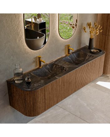 Mondiaz Kurve-Dlux 180cm badmeubel ronding Links + Rechts kleur Walnut met 2 lades en 2 deuren. Wastafel Leaf Dubbel 2 kraangaten Lava.
