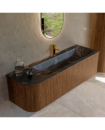 Mondiaz Kurve-Dlux 145cm badmeubel ronding Links kleur Walnut met 1 lade en 1 deur. Wastafel Big large Rechts 1 kraangat Lava.