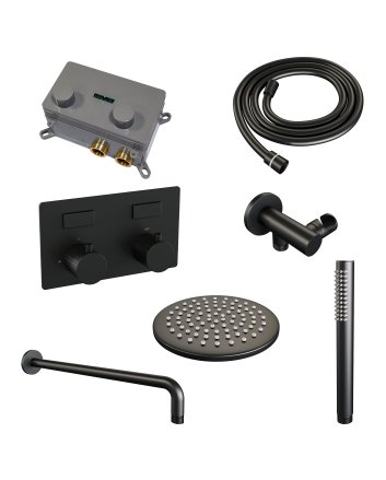 BRAUER Black Carving thermostatische inbouw regendouche met drukknoppen SET 51 met 20 cm douchekop en gebogen muurarm en staaf handdouche en doucheslang en wandaansluitbocht mat zwart