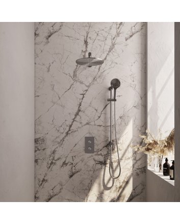BRAUER Brushed Carving thermostatische inbouw regendouche 3-weg omstelling SET 44 met 30 cm douchekop en rechte muurarm en 3-standen handdouche en doucheslang en geïntegreerde glijstang RVS geborsteld PVD
