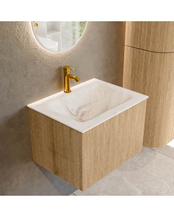 Mondiaz Kurve-Dlux 60cm badmeubel kleur Oak met 1 lade en 0 deuren. Wastafel Cloud Midden 1 kraangat Frappe.