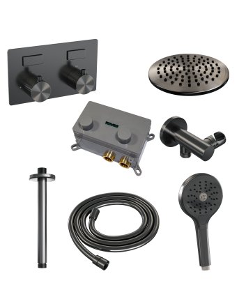 BRAUER Gunmetal Carving thermostatische inbouw regendouche met drukknoppen SET 59 met 20 cm douchekop en plafondarm en 3-standen handdouche en doucheslang en wandaansluitbocht gunmetal geborsteld PVD