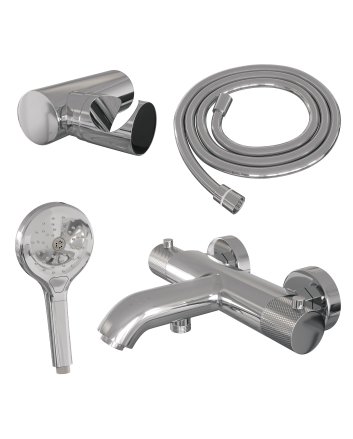 BRAUER Chrome Carving opbouw baddouche thermostaatkraan SET 04 met wandhouder en 3-standen handdouche en doucheslang chroom