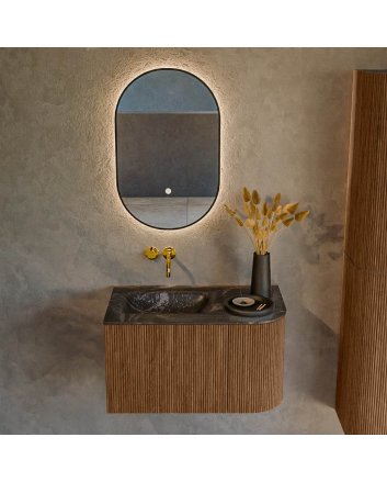 Mondiaz Kurve-Dlux 75cm badmeubel ronding Rechts kleur Walnut met 1 lade en 1 deur. Wastafel Grunne Links zonder kraangat Lava.