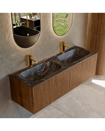 Mondiaz Kurve-Dlux 140cm badmeubel kleur Walnut met 2 lades en 0 deuren. Wastafel Stor small Dubbel 2 kraangaten Lava.