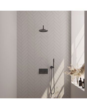 BRAUER Gunmetal Carving thermostatische inbouw regendouche met drukknoppen SET 51 met 20 cm douchekop en gebogen muurarm en staaf handdouche en doucheslang en wandaansluitbocht gunmetal geborsteld PVD