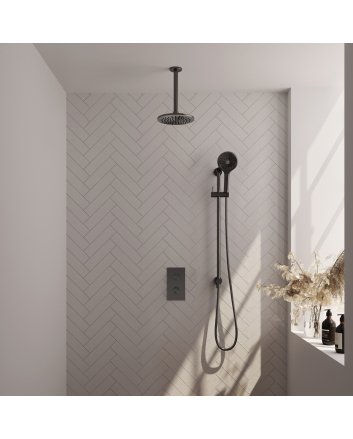 BRAUER Gunmetal Carving thermostatische inbouw regendouche 3-weg omstelling SET 47 met 20 cm douchekop en plafondarm en 3-standen handdouche en doucheslang en geïntegreerde glijstang gunmetal geborsteld PVD