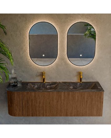 Mondiaz Kurve-Dlux 145cm badmeubel ronding Links kleur Walnut met 1 lade en 1 deur. Wastafel Leaf Dubbel / Rechts 2 kraangaten Lava.