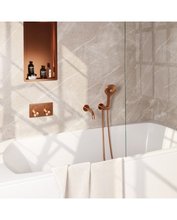 BRAUER Copper Edition thermostatische inbouw badkraan met drukknoppen SET 04 met uitloop en 3-standen handdouche en doucheslang en wandaansluitbocht koper geborsteld PVD