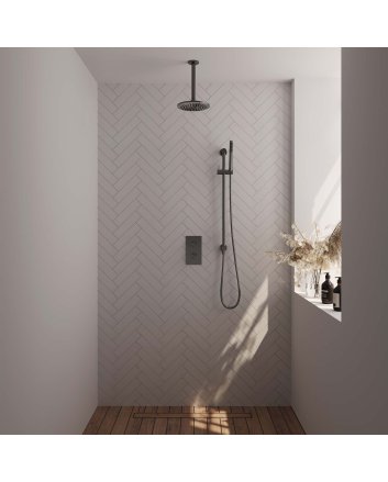 BRAUER Gunmetal Carving thermostatische inbouw regendouche 3-weg omstelling SET 41 met 20 cm douchekop en plafondarm en staaf handdouche en doucheslang en geïntegreerde glijstang gunmetal geborsteld PVD