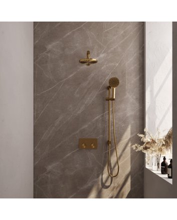 BRAUER Gold Carving thermostatische inbouw regendouche met drukknoppen SET 67 met 20 cm douchekop en rechte muurarm en 3-standen handdouche en doucheslang en geïntegreerde glijstang goud geborsteld PVD