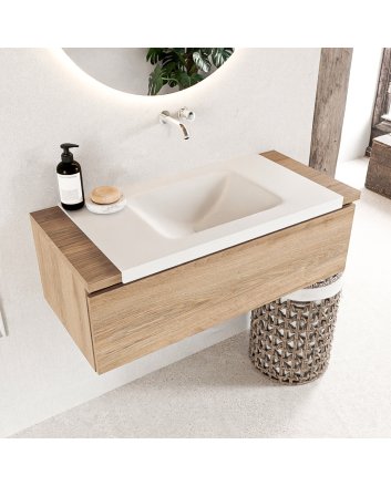 Mondiaz Bukla 100cm badmeubel onderkast kleur Washed Oak met 1 lade. Wastafel Cloud midden 0 kraangaten kleur Talc.