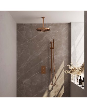 BRAUER Copper Carving thermostatische inbouw regendouche 3-weg omstelling SET 42 met 30 cm douchekop en plafondarm en staaf handdouche en doucheslang en geïntegreerde glijstang koper geborsteld PVD