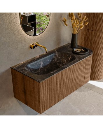 Mondiaz Kurve-Dlux 105cm badmeubel ronding Rechts kleur Walnut met 1 lade en 1 deur. Wastafel Big small Links zonder kraangat Lava.