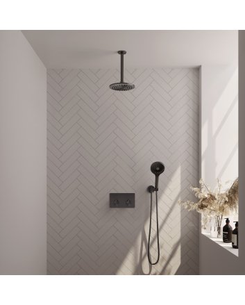 BRAUER Gunmetal Edition thermostatische inbouw regendouche met drukknoppen SET 59 met 20 cm douchekop en plafondarm en 3-standen handdouche en doucheslang en wandaansluitbocht gunmetal geborsteld PVD