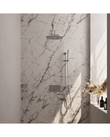 BRAUER Chrome Carving thermostatische inbouw regendouche met drukknoppen SET 64 met 30 cm douchekop en gebogen muurarm en staaf handdouche en doucheslang en geïntegreerde glijstang chroom