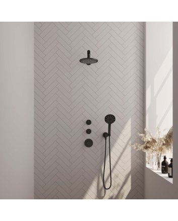 BRAUER Black Edition thermostatische inbouw regendouche SET 07 met 20 cm douchekop en rechte muurarm en 3-standen handdouche en doucheslang en wandaansluitbocht mat zwart