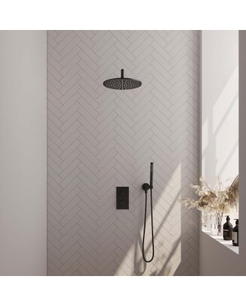 BRAUER Black Edition thermostatische inbouw regendouche 3-weg omstelling SET 28 met 30 cm douchekop en gebogen muurarm en staaf handdouche en doucheslang en wandaansluitbocht mat zwart