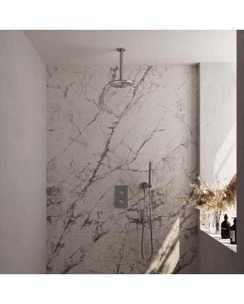 BRAUER Brushed Carving thermostatische inbouw regendouche 3-weg omstelling SET 29 met 20 cm douchekop en plafondarm en staaf handdouche en doucheslang en wandaansluitbocht RVS geborsteld PVD