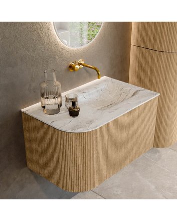 Mondiaz Kurve-Dlux 75cm badmeubel ronding Links kleur Oak met 1 lade en 1 deur. Wastafel Grunne Rechts zonder kraangat Glace.