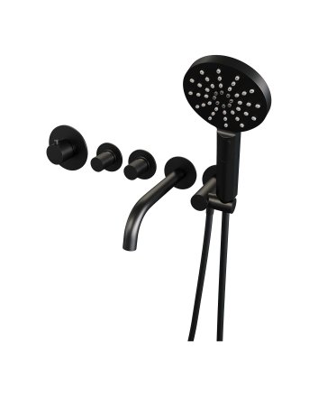 BRAUER Black Carving thermostatische inbouw badkraan SET 02 met uitloop en 3-standen handdouche en doucheslang en wandaansluitbocht mat zwart