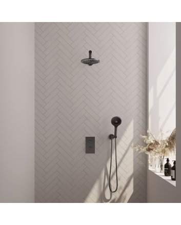 BRAUER Gunmetal Carving thermostatische inbouw regendouche 3-weg omstelling SET 31 met 20 cm douchekop en rechte muurarm en 3-standen handdouche en doucheslang en wandaansluitbocht gunmetal geborsteld PVD