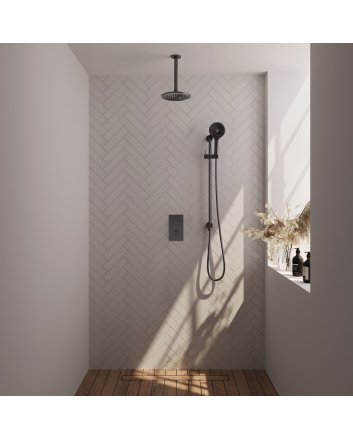 BRAUER Gunmetal Edition thermostatische inbouw regendouche 3-weg omstelling SET 47 met 20 cm douchekop en plafondarm en 3-standen handdouche en doucheslang en geïntegreerde glijstang gunmetal geborsteld PVD