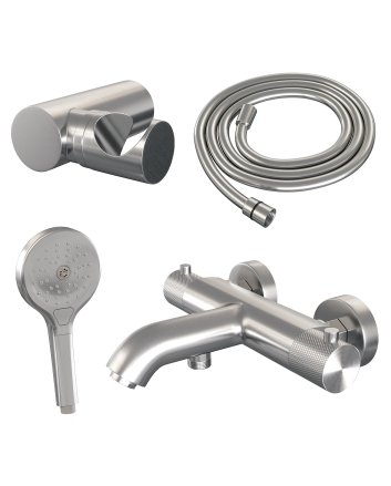 BRAUER Brushed Carving opbouw baddouche thermostaatkraan SET 04 met wandhouder en 3-standen handdouche en doucheslang RVS geborsteld PVD