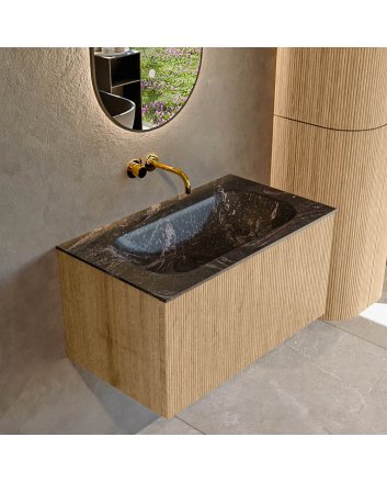 Mondiaz Kurve-Dlux 80cm badmeubel kleur Oak met 1 lade en 0 deuren. Wastafel Big small Midden zonder kraangat Lava.