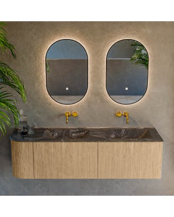 Mondiaz Kurve-Dlux 155cm badmeubel ronding Links kleur Oak met 2 lades en 1 deur. Wastafel Leaf Dubbel / Rechts zonder kraangat Lava.